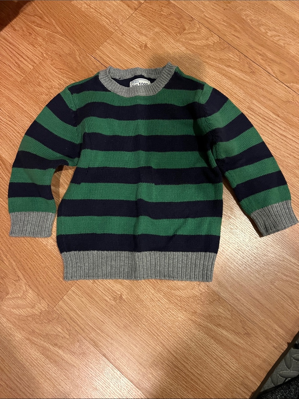Place Navy & Green Striped Sweater with Gray Trim